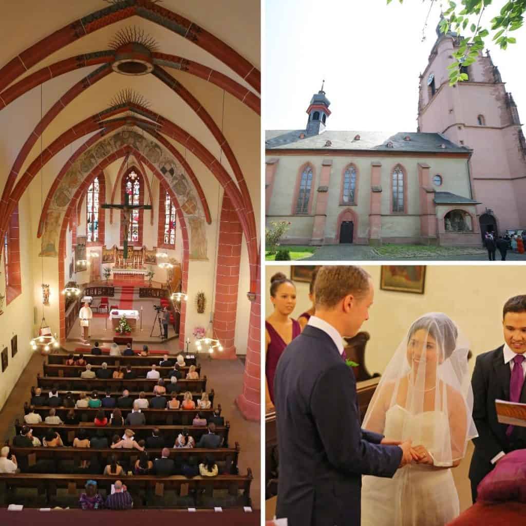 1. Picture of Church St. Peter and Paul in Elville, 2 picture of the inside of the church. 3. a wedding couple giving their vows. 