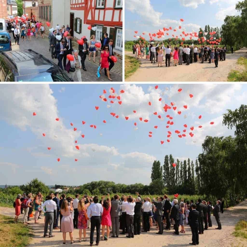 Wedding guests with heart shaped wedding baloons, letting them rise above vinyards 