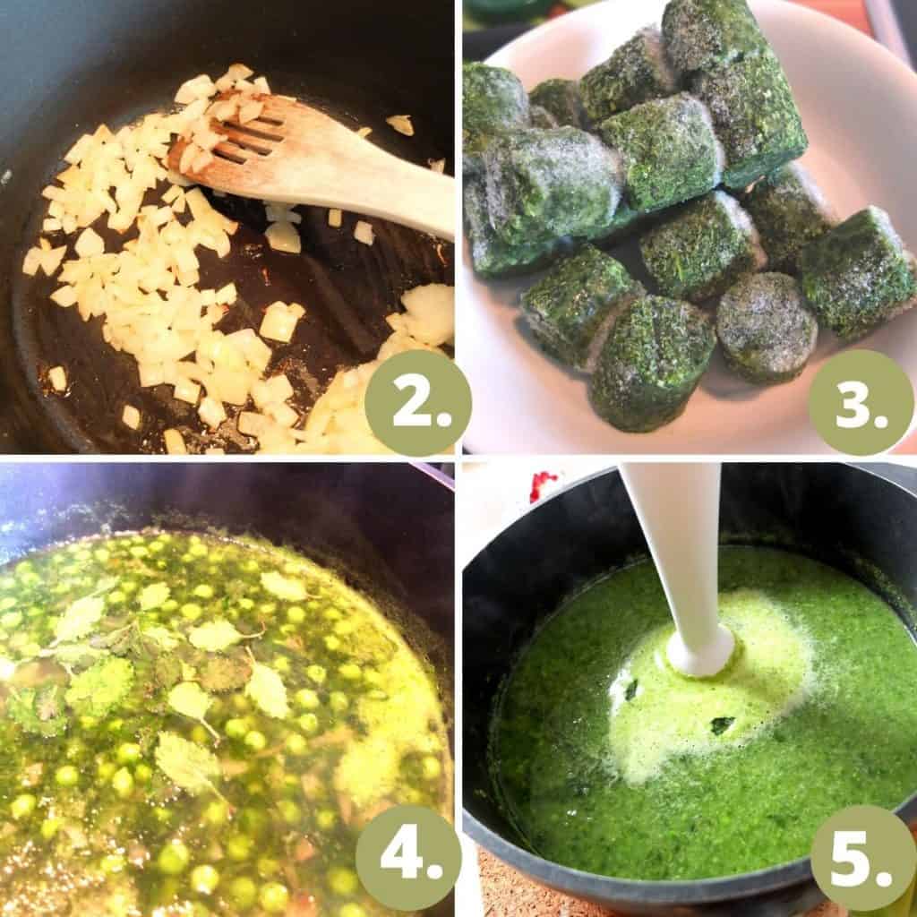 Pea and Mint soup recipe steps: 1. fry the onions, 2. pour in the stock and add in the frozen vegetables. 3. Add the mint leaves. 4. blend with a handblender