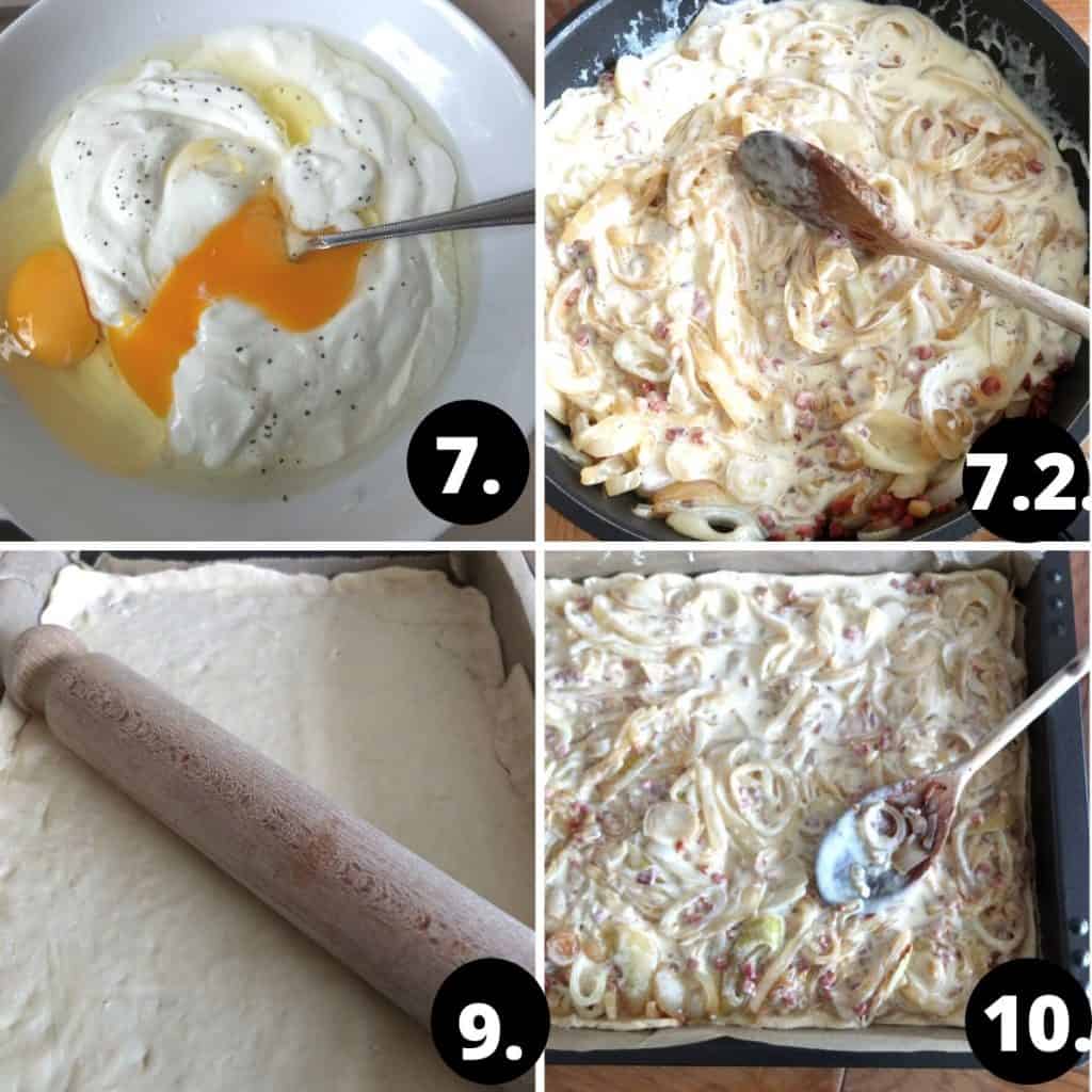 Zwiebelkuchen Recipe Steps 1. the egg and sour cream are being mixed together with a spoon. 2 The sour cream mixture and the onions are being combined in a frying pan. 3. A rolling pin is rolling out the dough. 4. The onion filling is added onto the dough. A spoon is evening it out. 