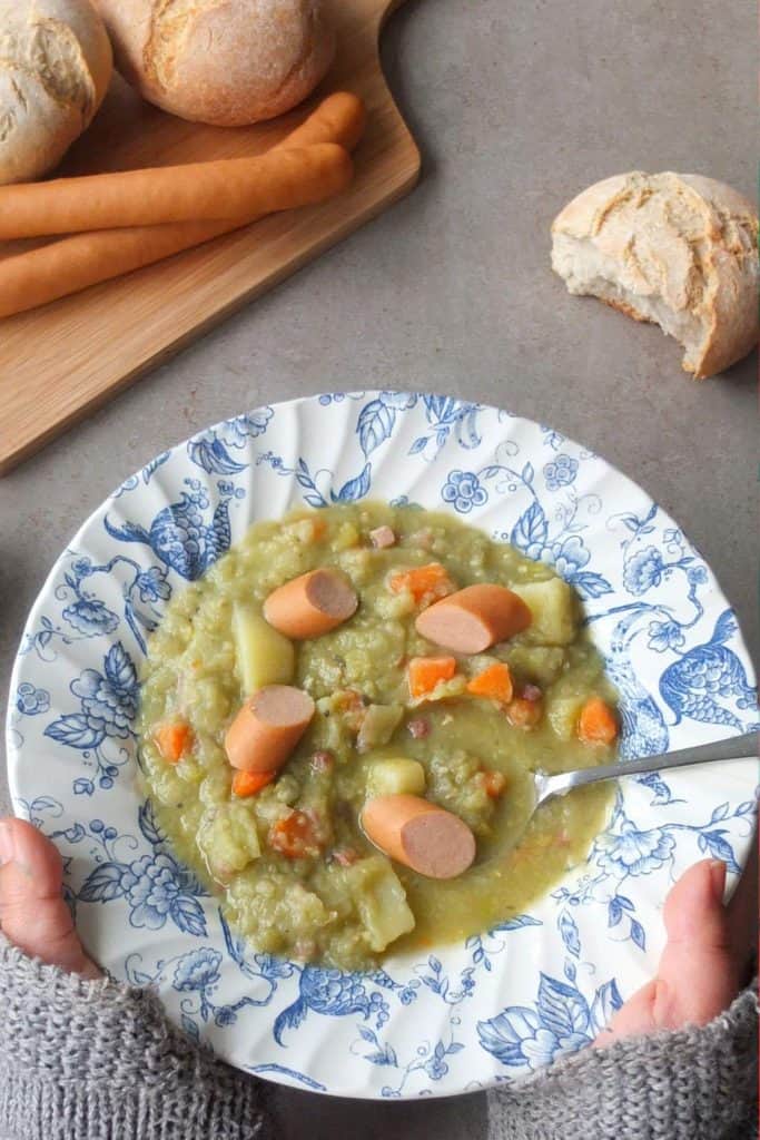 German Pea soup with bacon and sausages 