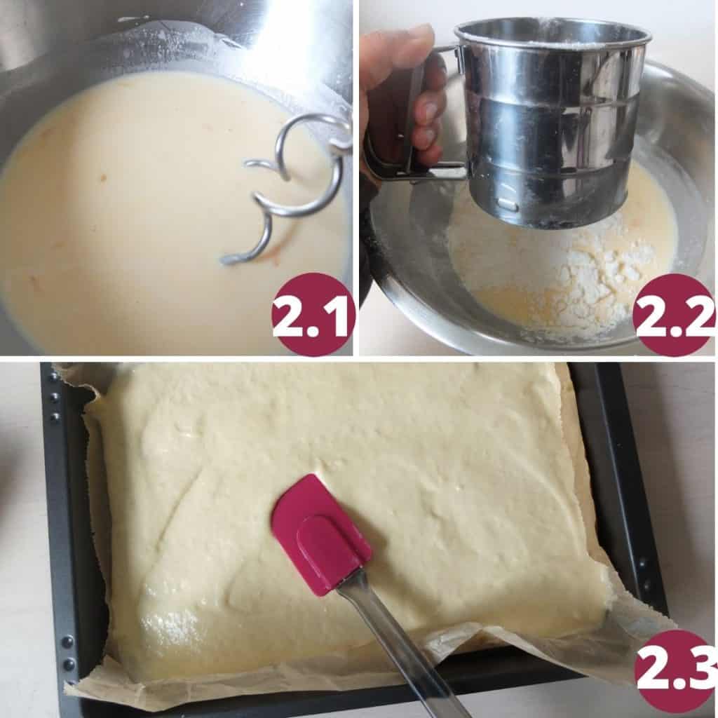 Blitzkuchen Recipes Steps: 1 mix the cream and eggs and sugar, 2 sieve in the flour, 3 spread on a baking tray