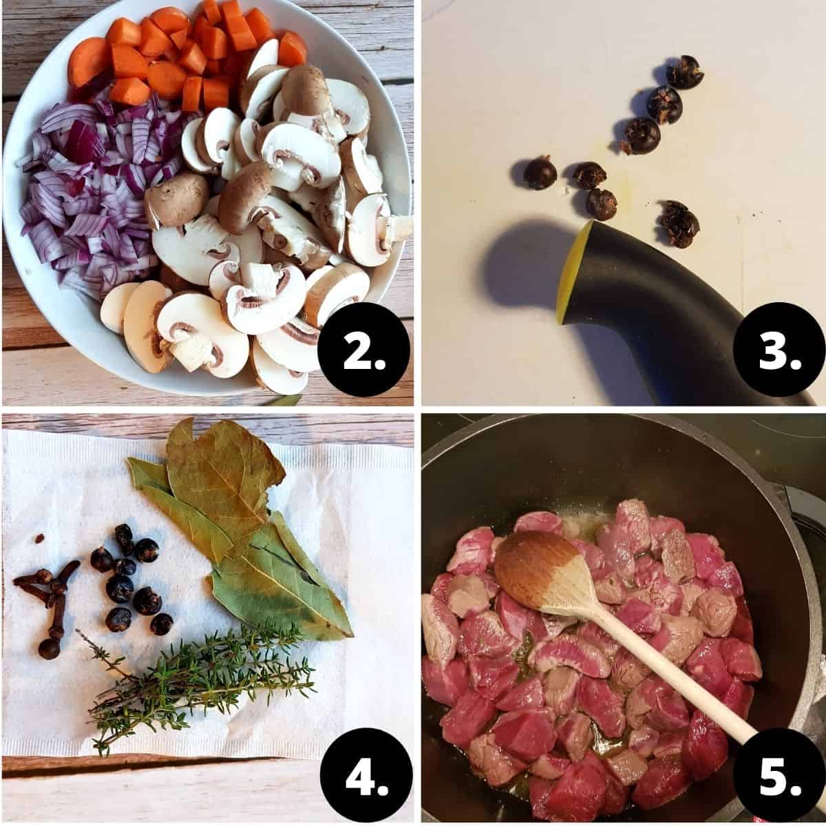 Venison Goulash Recipe Steps. 1. the chopped vegetables (onion mushrooms and carrots on a plate). 2. Juniper Berries Crushed. 3. All the herbs: Bayleaves, thyme, juniper berries, cloves on a loose teabag, 4 the venison is fryed in a sauceoan