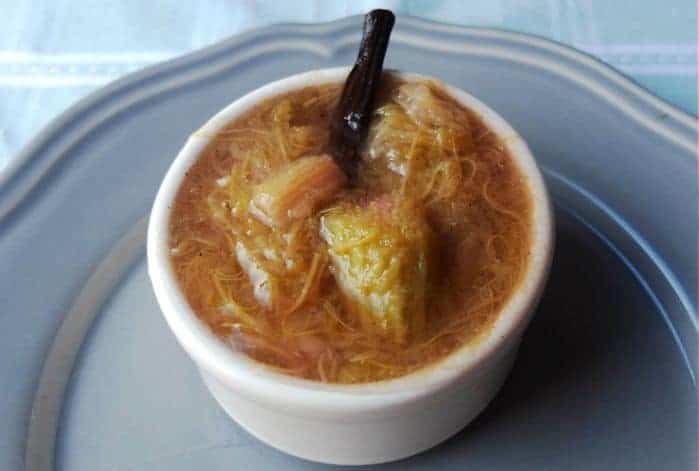 Yellow Rhubarb in a little jar with a vanilla pod