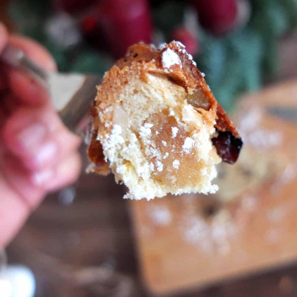 a piece of stollen on a fork