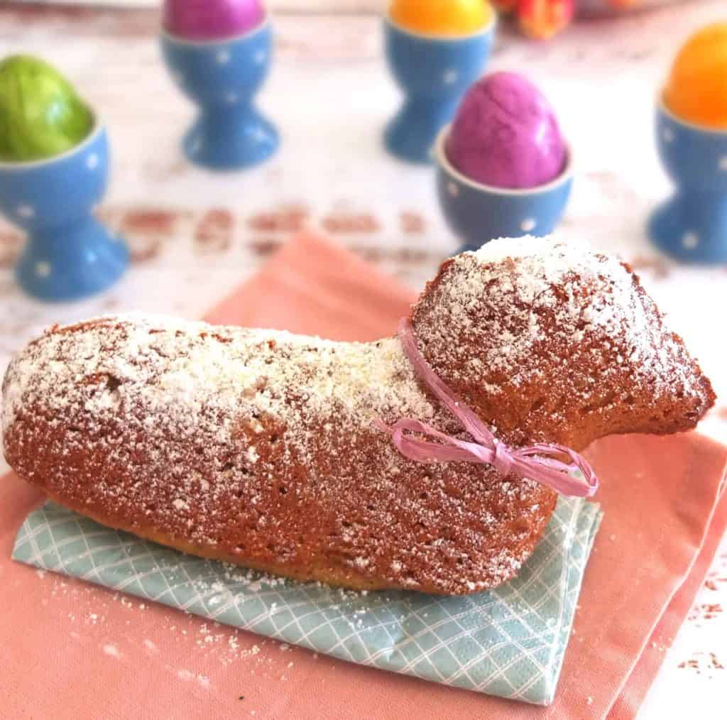 German Easter Lamb Cake with Easter Eggs in the background