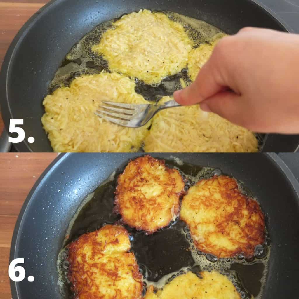 How to instructions for Kartoffelpuffer - Flatten potato pancake with a fork and fry them in oil 
