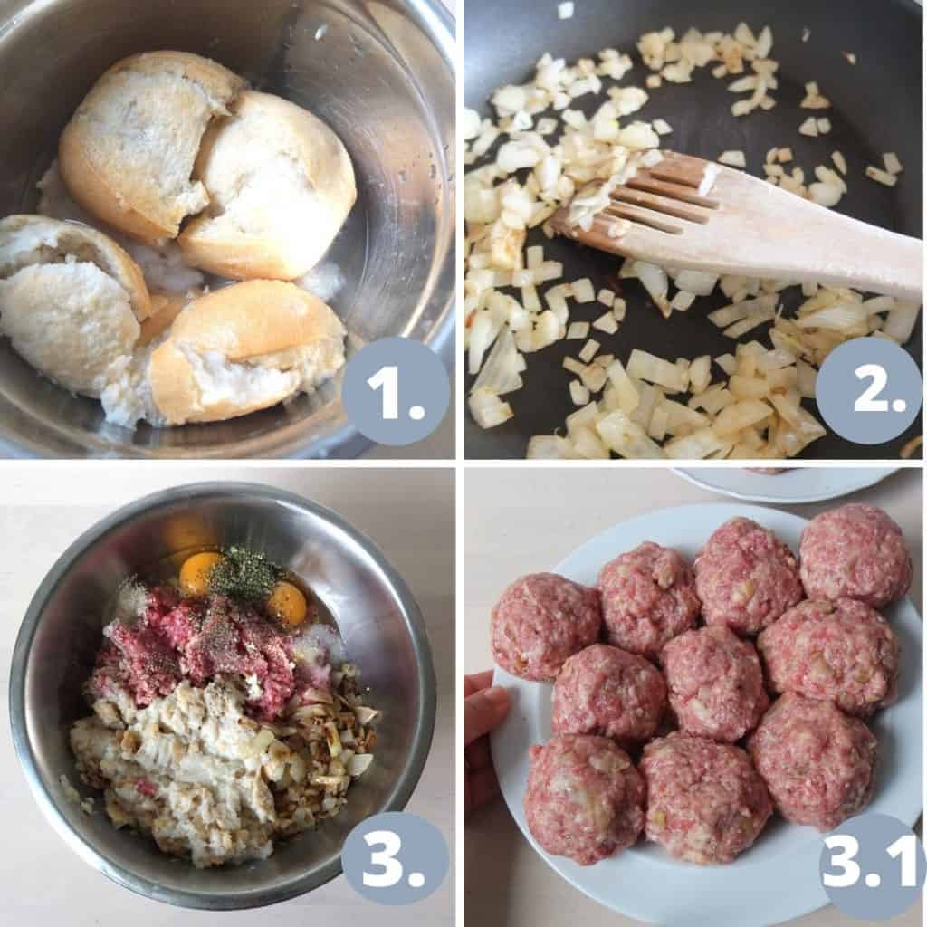Step by Step Konigsberger Klopse. 1. Soak Breakroll. 2. Fry onions until translucent. 3.Mix in all other ingredients. 3.1 Form the meatballs 