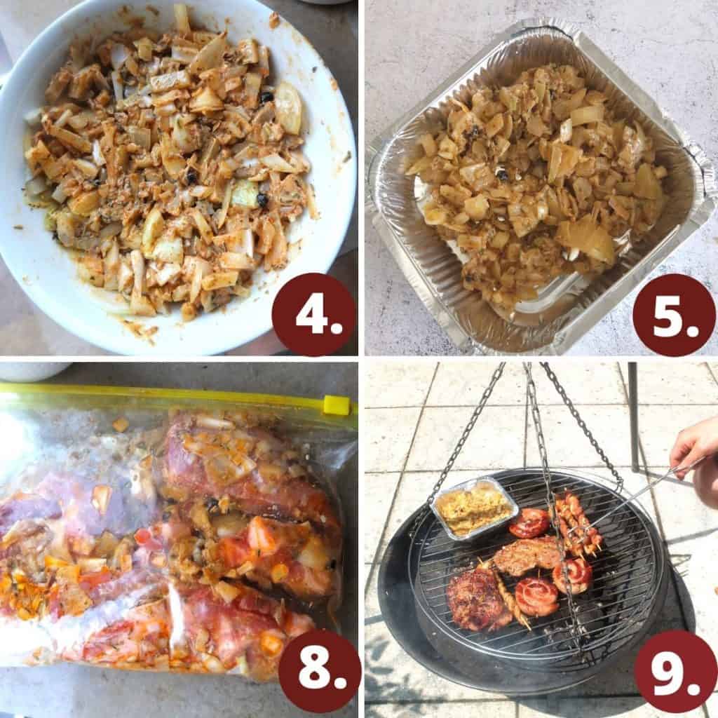 Schwenkbraten Recipe steps. First picture shows the onion marinade for the meat in a bowl. 2nd picture says how to cook the onions in a foil tray. 3. Shows marinated pork steaks. 4. Shows the pork steaks on a Schwenkgrill. 
