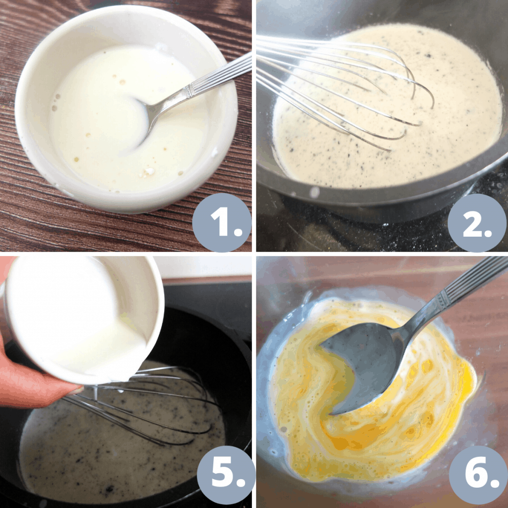 1. Mix Milk with starch, 2. warm remaining milk with vanilla pod. 3. Thicken with starch milk mixture. 4. Mix the egg yolk with some warm milk before adding to the sauce. 
