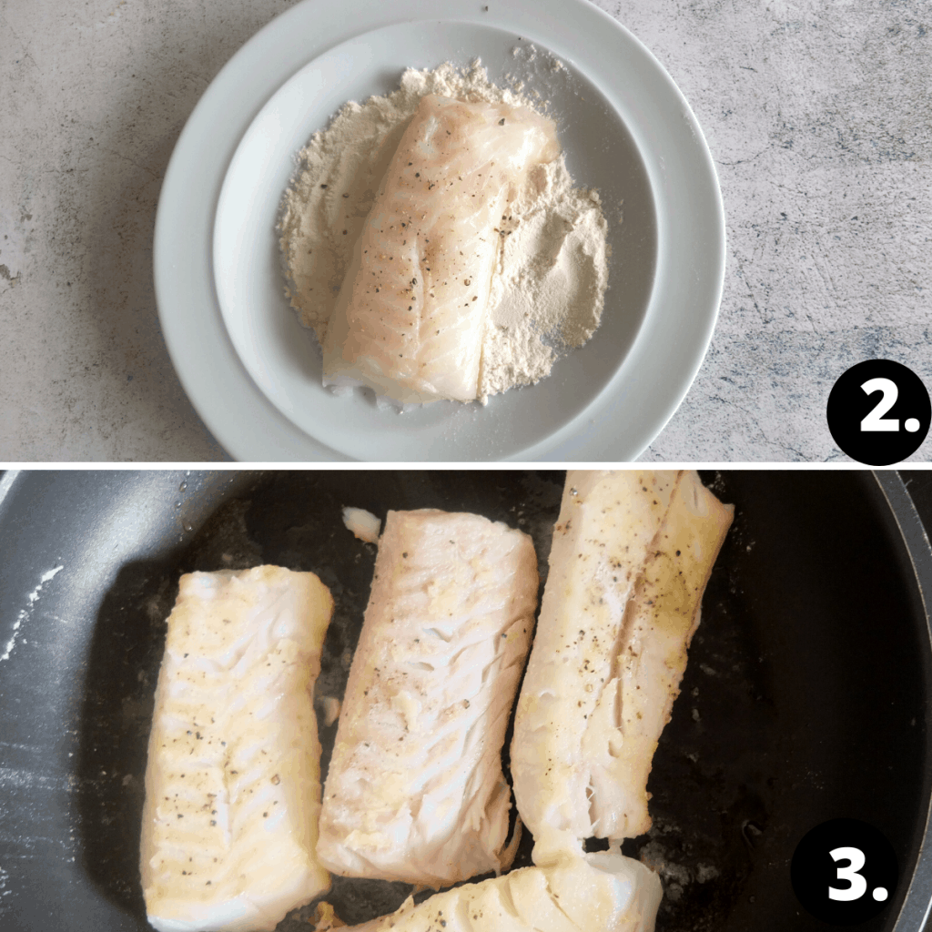 Cod fillet on a plate being tossed in flour. Second image shows cod fillet being fried in a frying pan 