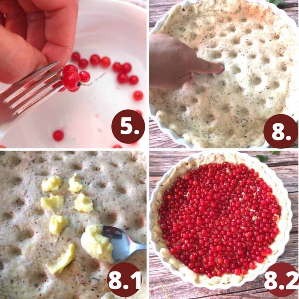 Recipe Steps 2 
1. A Hand removing the red currants from its stems with a fork. 
2. a Hand is poking little indentions into the cake base 
3. A spoon is filling the little indentions with butter mixture
4. the red currents are placed on top of the cake. 
