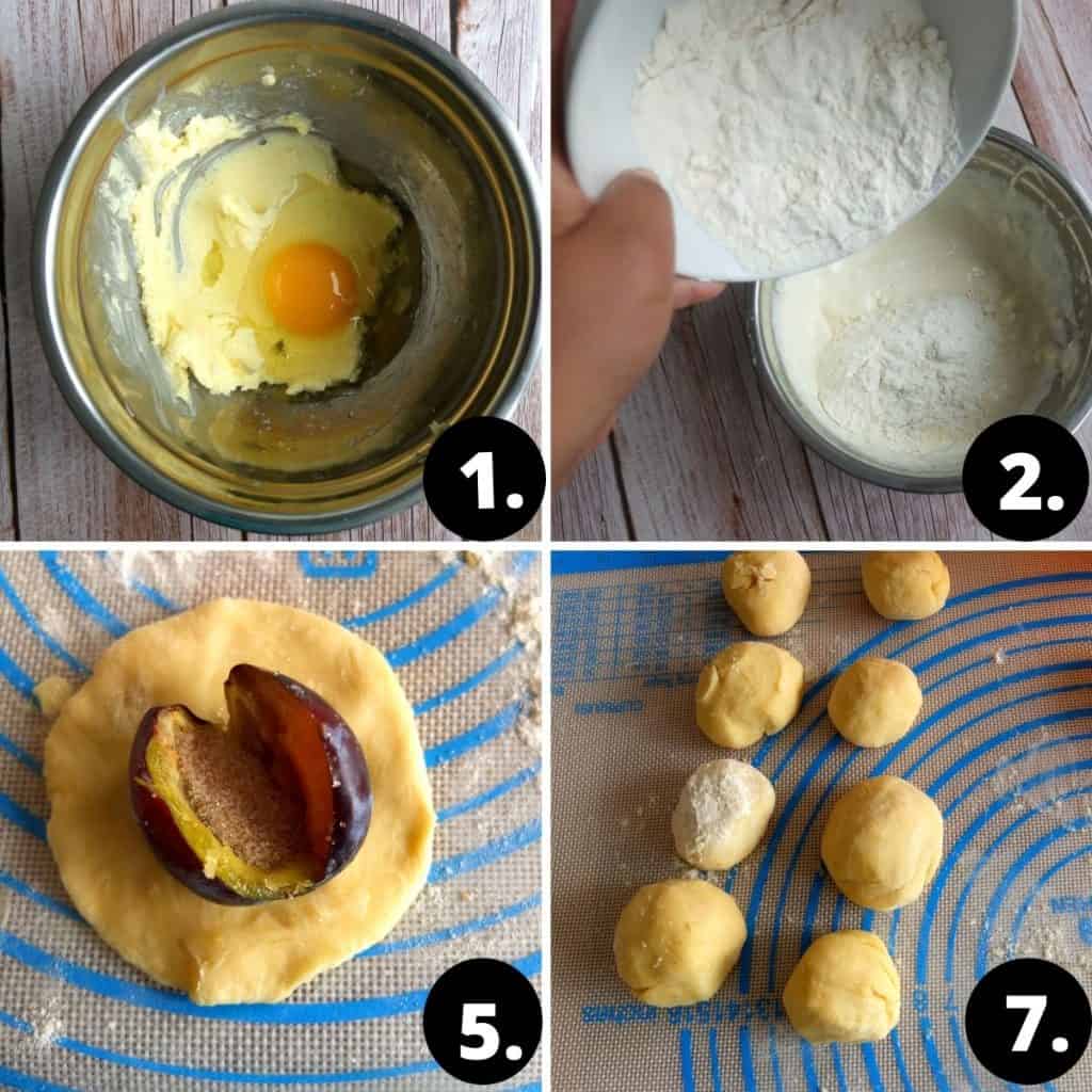 Making Plum Dumlings. 1 Mix in butter and egg. 2. Adding flour to the dough miture. 3. the plum is being filled with cinnamon sugar 4. the plums are being wrapped in the dough
