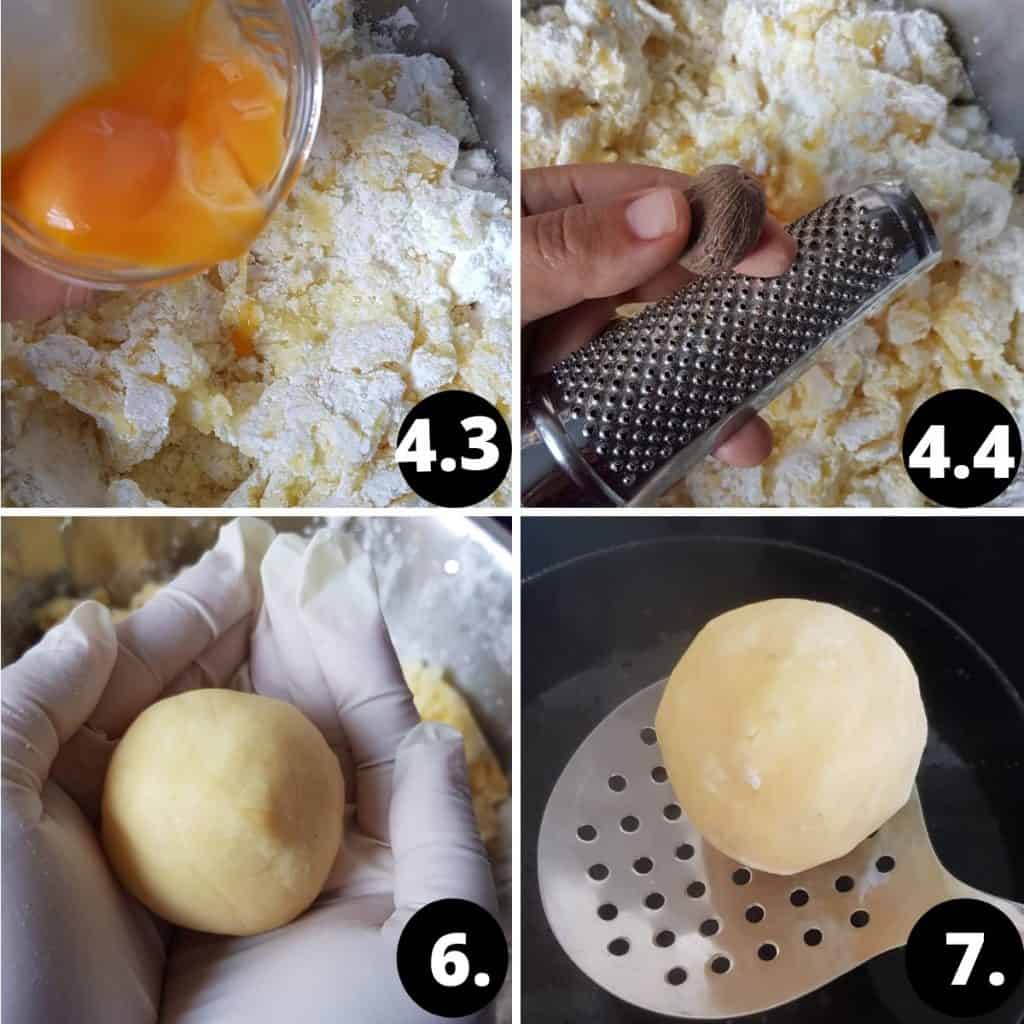 German Potato Dumplings Recipe steps 4. A collage of 4 images. 1. Egg yolks are added to the potatoes. 2. Nutmeg is being grated into the potatoes. 3. The potato dumplin is being formed with 2 hands. 4. The potato dumpling is being added into the pot with a slotted spoon