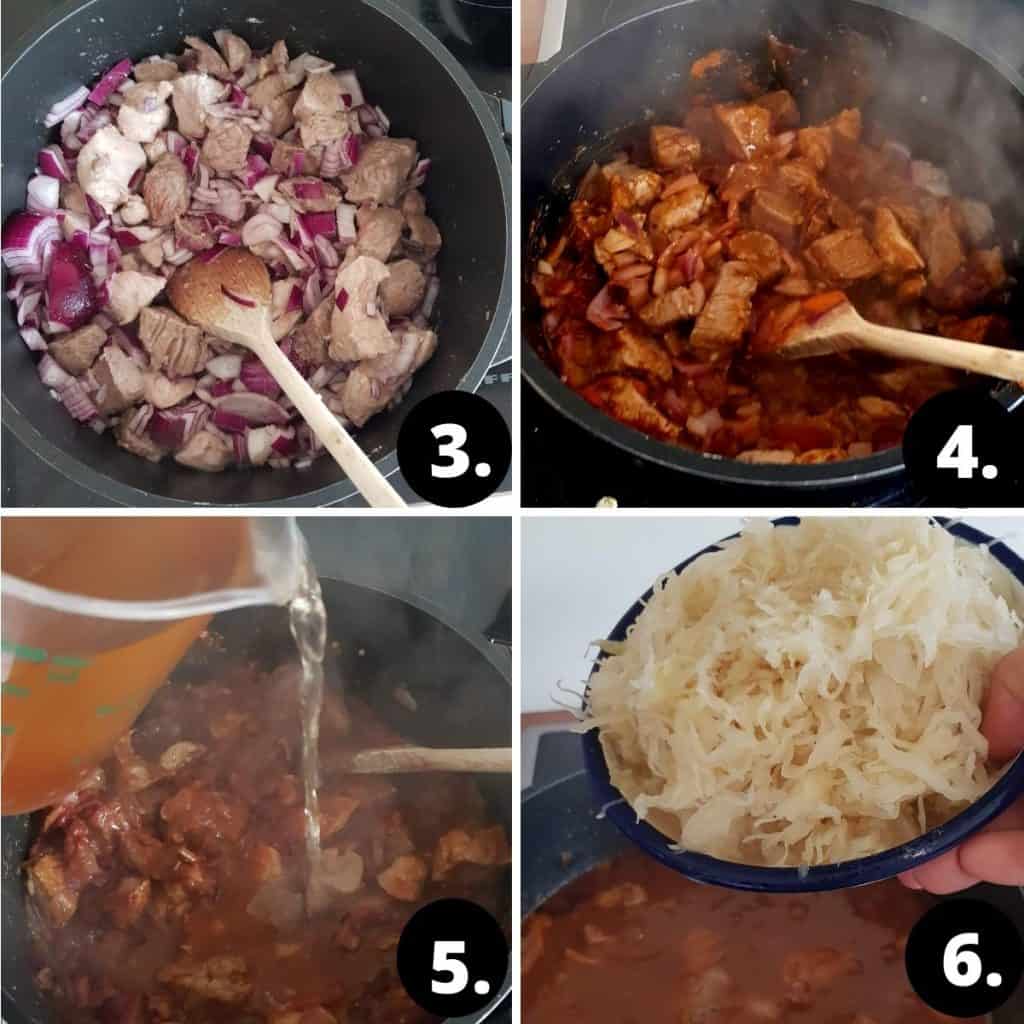 collage of recipes steps. 1 meat and onions fried in a saucepan. 2 added paprika and fried in a saucepan. 3. stock is poured into the saucepan. 4. Sauerkraut added into the strew 