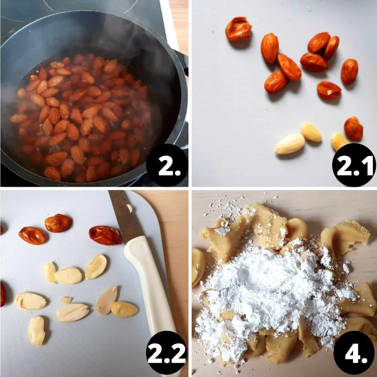 collage of 4 pictures for the bethmännchen recipe: 1. Almonds being boiled in saucepan. 2. Almonds being skinned. 3. Almonds being halfed with a knife. 4. Mazipan and icing sugar are being kneaded into a dough