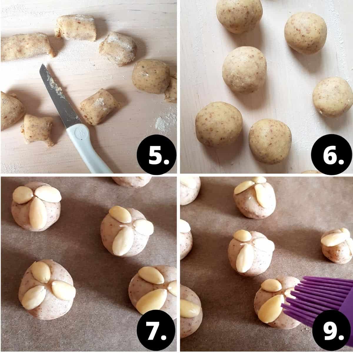 a collage of 4 images. 1. marzipan being cut into pieces. 2 Marzipan being rolled into balls. 3. marzipan being brushed with egg wash