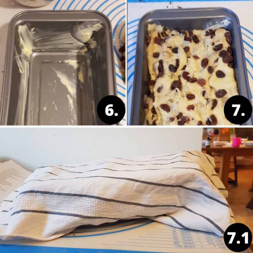 Klaben recipe Steps collage of 3. 1 a recantular bread form is being greased with butter. 2. The dough inside the bread form. 4. The cake is being left to rise covered with a tea towel 