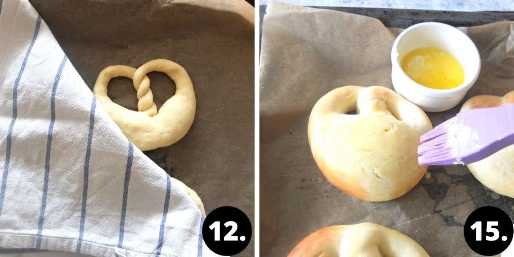 1. Formed pretzels are being covered with a tea towel to continue rising. 2. The baked pretzels are being covered in melted butter