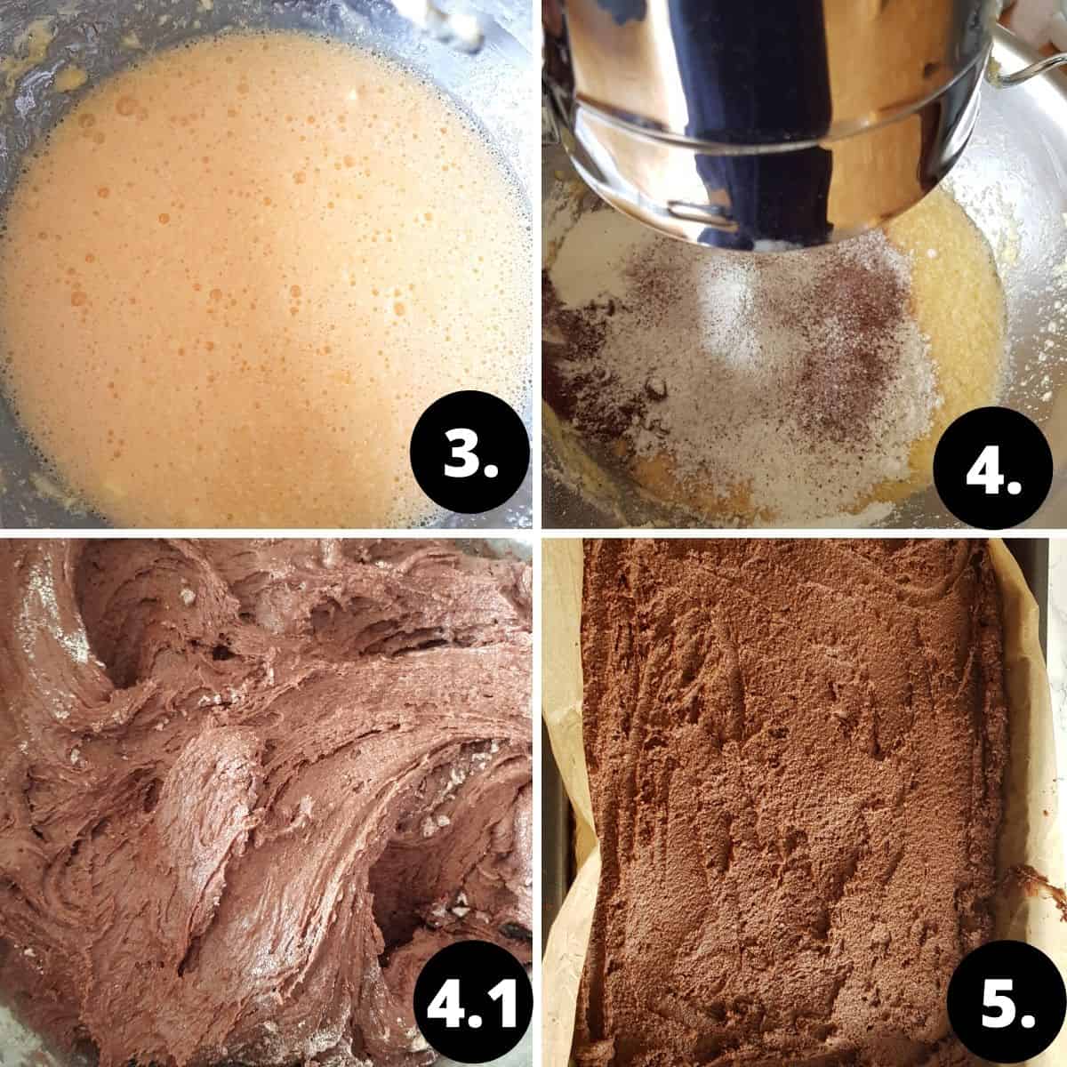 Gingerbread Recipe Steps collage of 4 images. 1. Eggs and sugar are mixed together. 2 flour and cocoa powder are being sieved in the dough. 4. All ingridients are being mixed to a smooth dough. 4. The dough is being spread into a backing tin