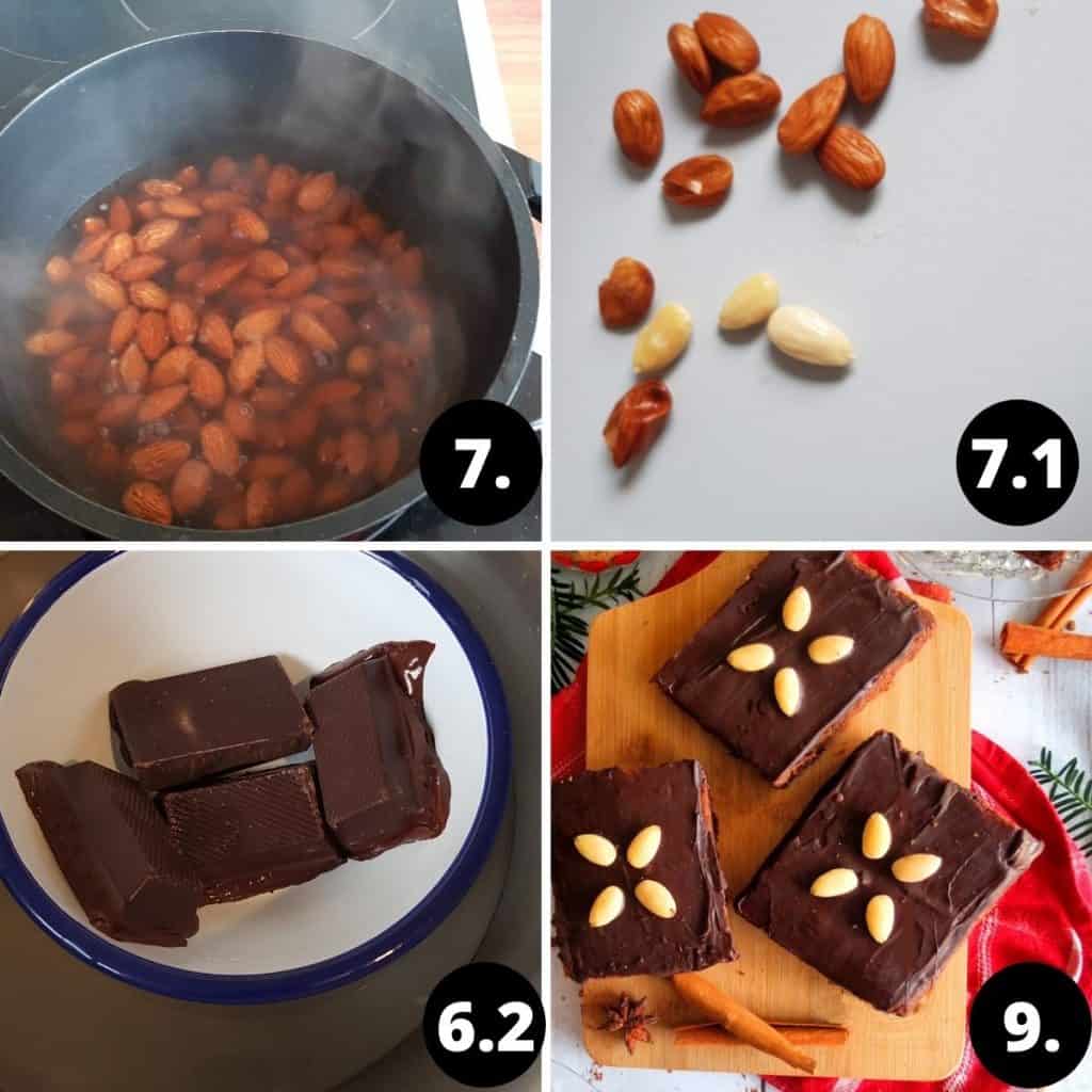 Lebkuchen Cake Recipe Steps Collage of 4 images. 1. Almonds being boiled in water. 2. almonds being skinned. 3. chocolate glaze is being melted in a waterbath. 4. Decorated Gingerbread Cake slices