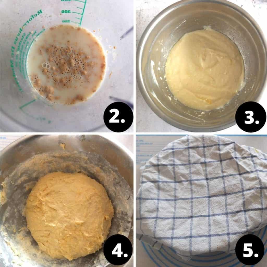 4 steps. 1. yeast being disolved in milk. . sour cream and butter being mixed together. 4. yeast dough is complete. 4 the yeast dough is covered with a tea towel