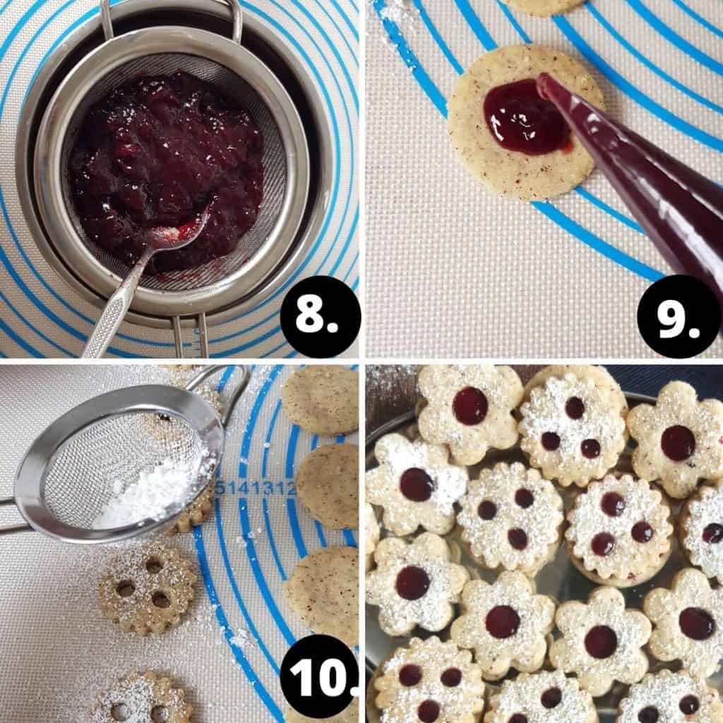 Spitzbuben recipe step 1. The jam is being strained through a sieve. 2. the jam is being added onto the cookie via a piping bag. 3. The cookie tops are being dusted with icing sugar. Picture 3 finished Spitzbuben cookies