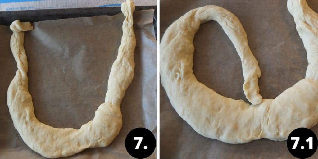New Years Pretzel recipe steps collage of 2. Forming a pretzel sages. One a U form, B the ends are being attached to the belly