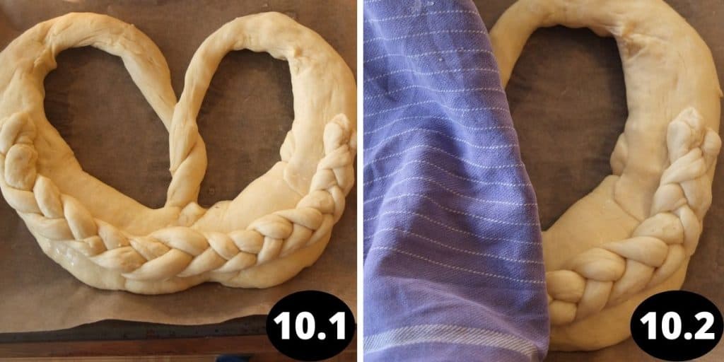 New Years Pretzel recipe steps collage of 2: The braid is laid on the pretzel, the pretzel is being covered and left to rise