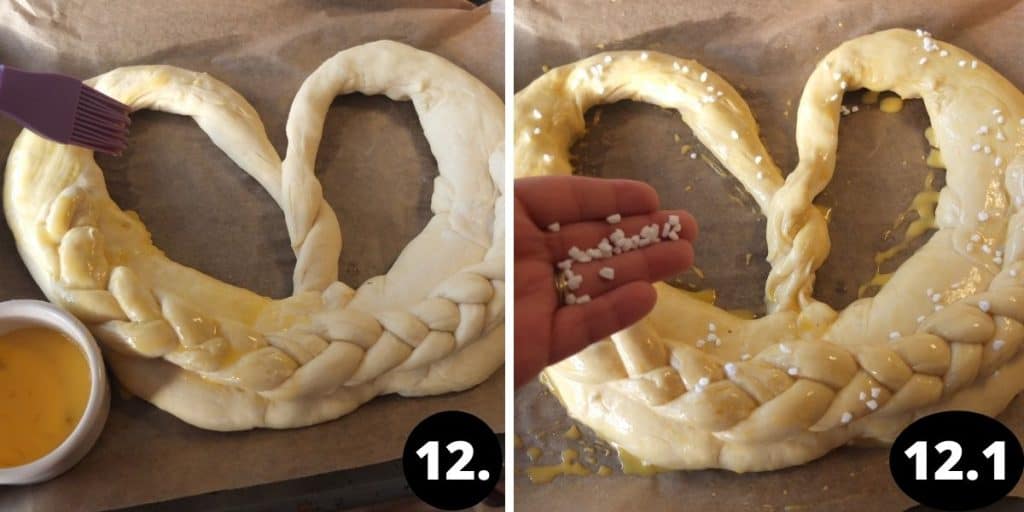 The pretzel is being covered in egg wash, the pretzel is being sprinkled with sugar pearls