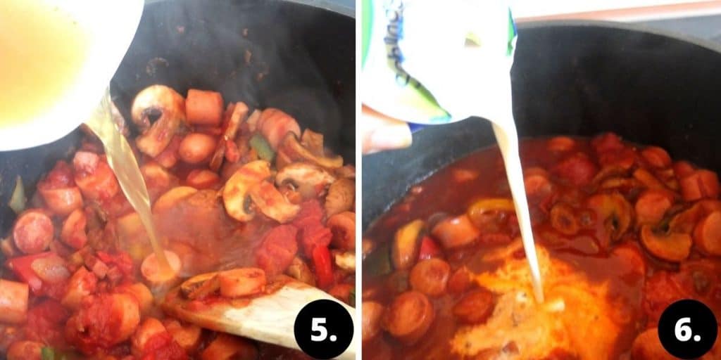 Recipe Steps: Pouring in vegetable stock into a sausage stew and pouring in cream into a sausage stew