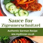 a plate with a schnitzel and zigeuner sauce. At the bottom a saucepan with zigeuner sauce.
