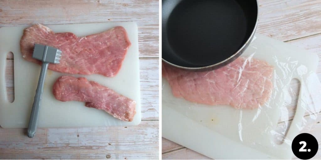 schnitzel being tenderised with a meat mallet or heavy pan.