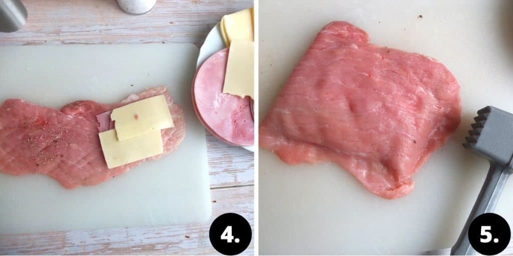 Fill the cordon bleu schnitzel with cheese and ham. Then hammer the sides to secure.