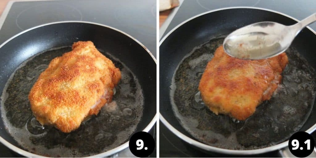 Picture of Cordon Bleu being fried in pan, and a spoon pouring hot oil over it.