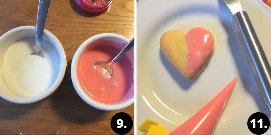 a bowl of blue and white icing and a cookie with half of the heart iced pink.