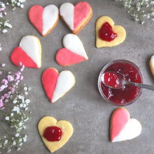 German Heart cookies iced in red and white. With Jam.