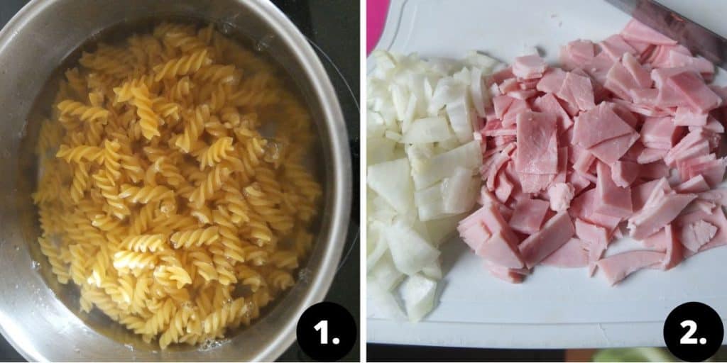 Schinkennudeln recipe steps: 1 boil the pasta. 2. finely chop onions and ham.