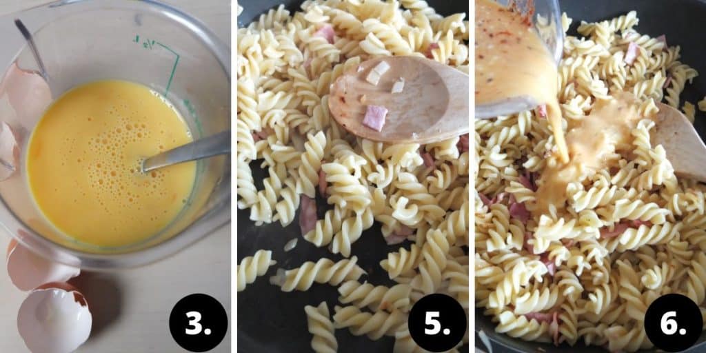 steps to make schinkennudeln. Set of 3. Mix egg and milk and spices. 2 fry pasta with the bacon and 3. pour egg mixture over pasta.