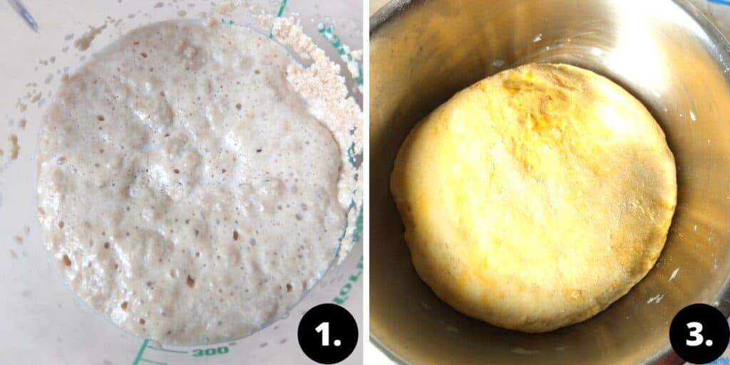 two pictures.  1. yeast being activated.  2. yeast dough is rising.