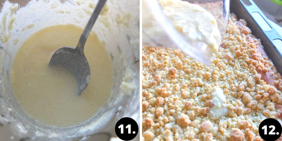 two pictures. 1. cream sauce is bing mixed up. 2. cream sauce is being poured over the cake.