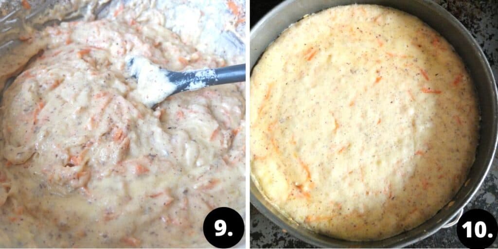 Collage of two picture. 1. egg whites added to the batter. 2. batter being placed in a cake ring.
