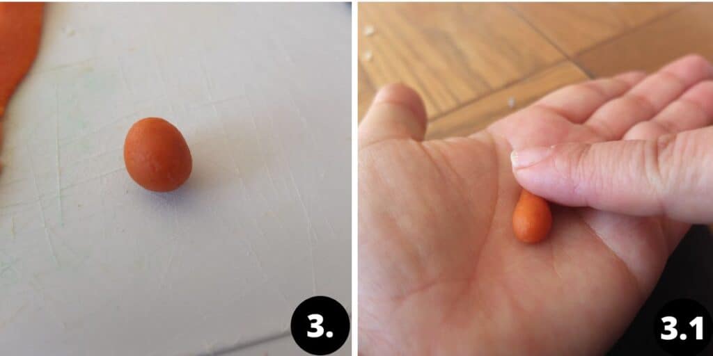 colleage of 2 pictures. 1. marzipan is rolled into a ball. 2. marzipan is being formed into a carrot.
