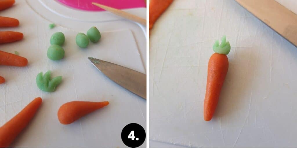 Collage of 2 images. 1. green being cut out for he marzipan carrot. 2. finished marzipan carrot.