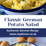 German Potato Salad in a blue and white bowl