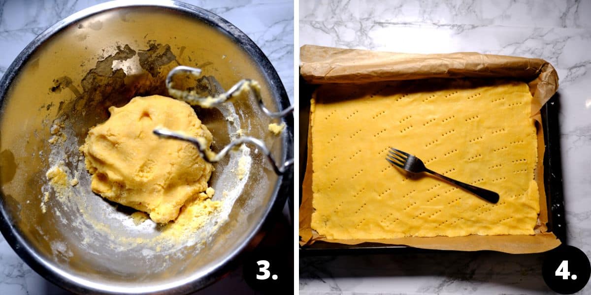 1. Shortcrust pastry dough for nussecken.  2. Dough Spread in Baking tray