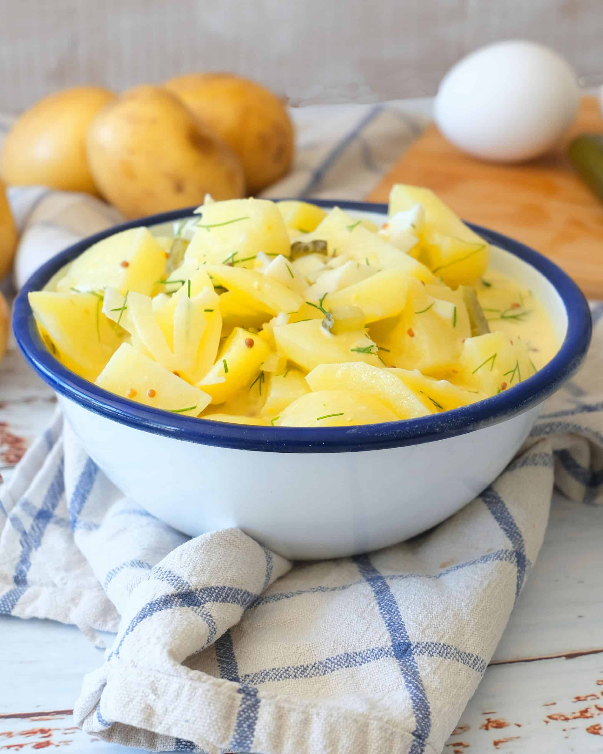 German potato salad in blue and white bowl.