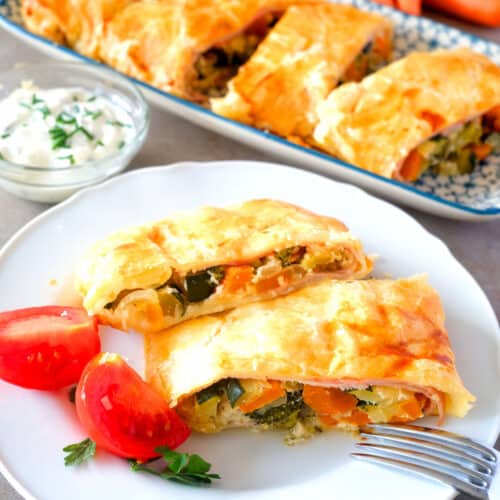 two slices of vegetable strudel.