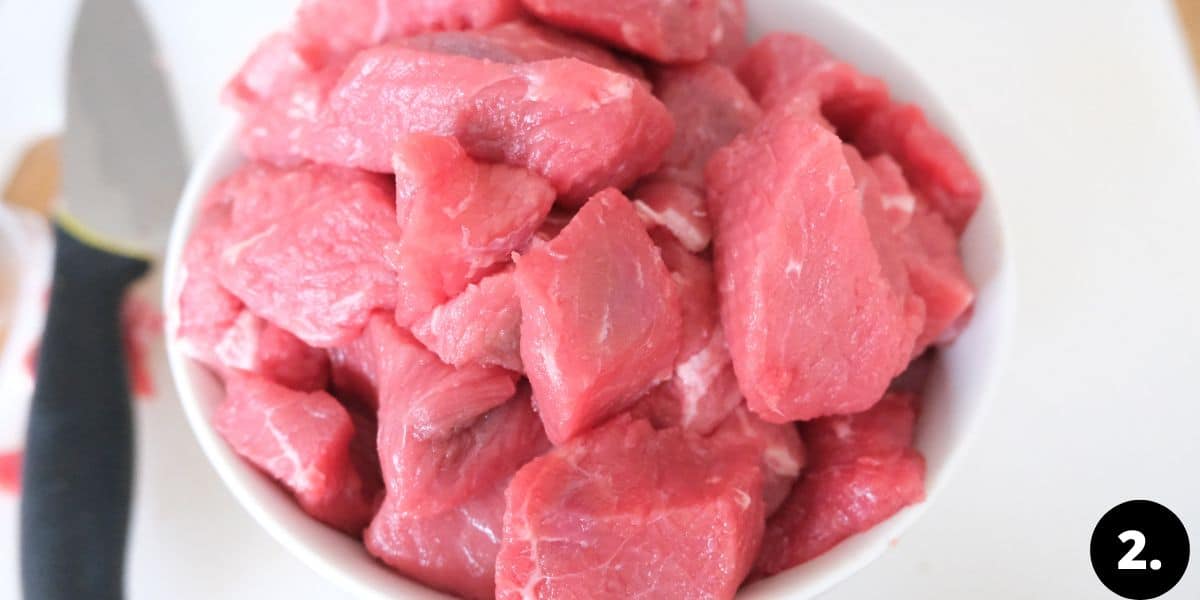 goulash meat cut into chunks.