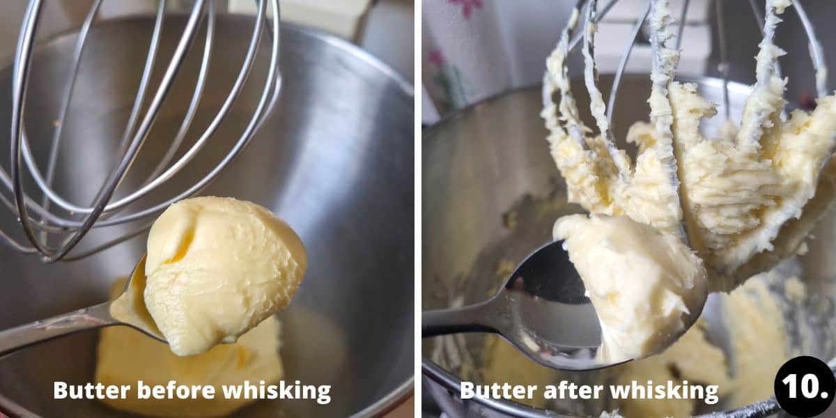 Butter before and after it is whipped for Frankfurter Kranz.